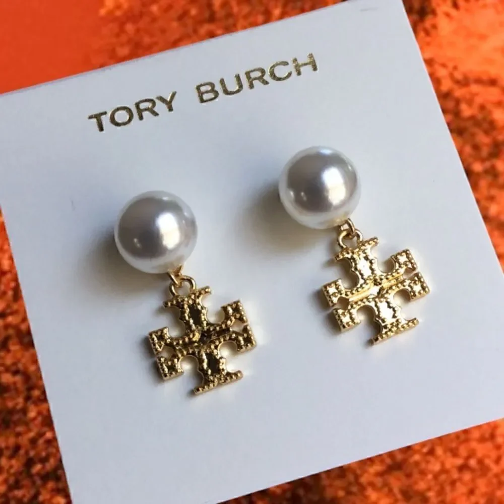 TORY BURCH PEARLS DROP LOGO DOUBLE T EARRINGS.